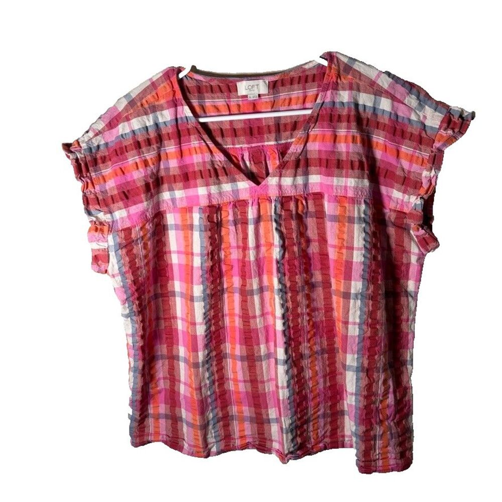 Loft Blouse Women's XL Plaid Ruffle Textured Short Sleeve V-Neck Top Shirt